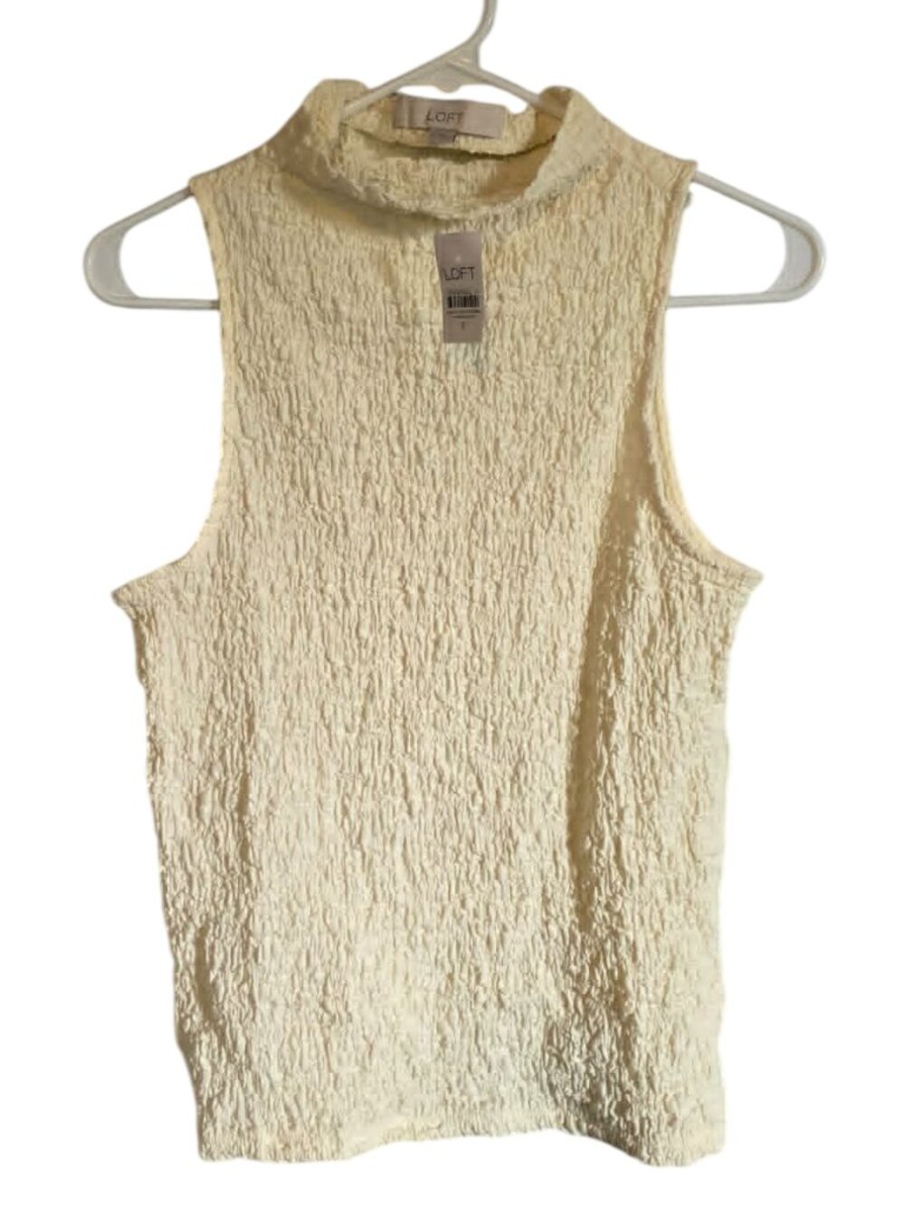 NWT LOFT Smocked Mock Neck Sleeveless Top Cream Knit Shell
